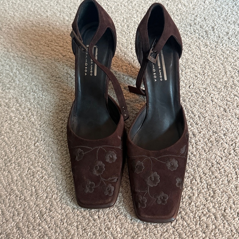 Brown Suede Floral Embroidered Heels
